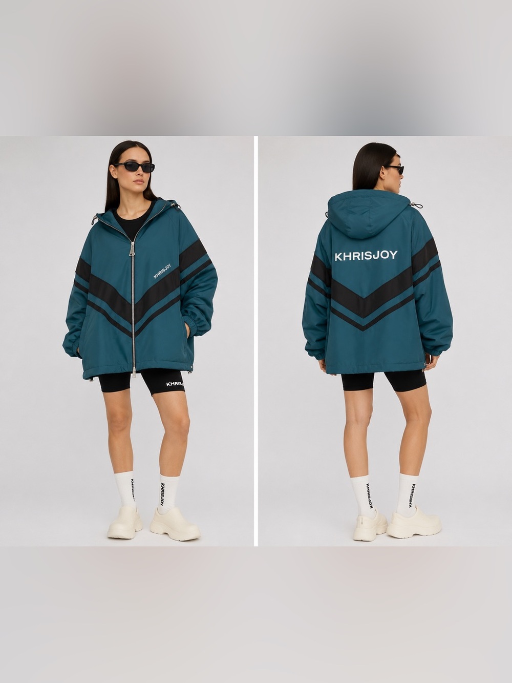 KHRISJOY Teal Petrol Black Oversized Windbreaker Hood Jacket Size L / 02 NWT